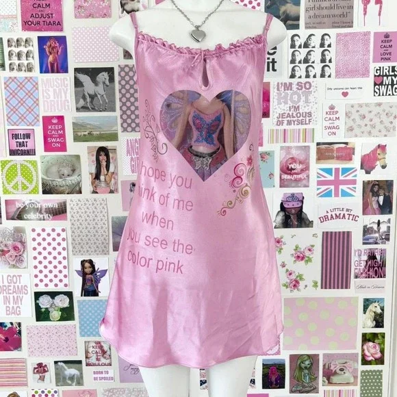 y2k la senza pink satin graphic slip dress size M - Picture 5 of 7